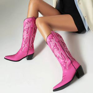 Cowgirl Boots med Broderad Westernstil och Spetsig Tå
