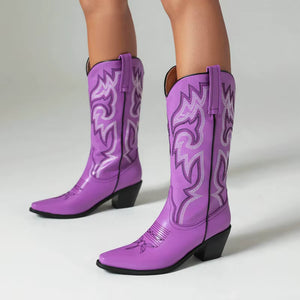 Cowgirl Boots med Broderad Westernstil och Spetsig Tå