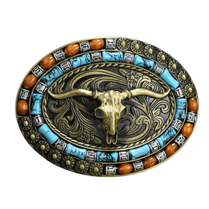 Bältespänne tjurskalle med turkos och orange kant Guld