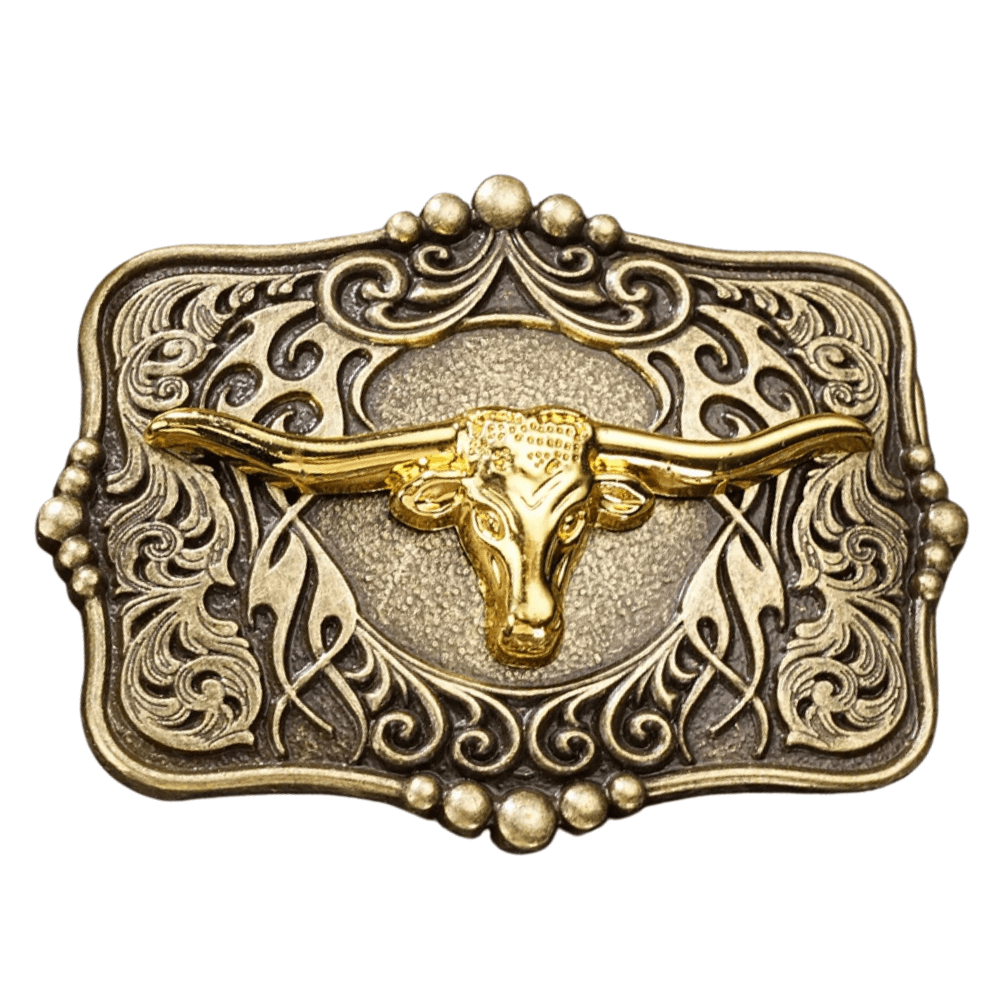 Bältespänne western med turkos sten och motiv i relief Guld longhorn