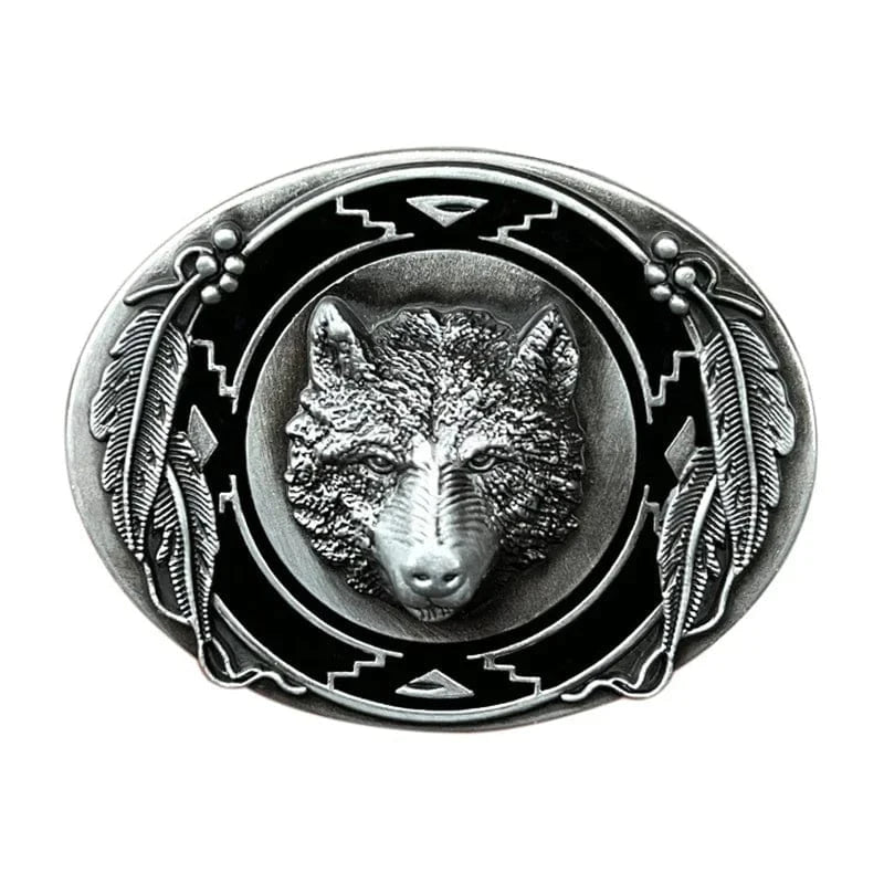Bältesspänne varg huvud med fjädrar western stil Silver
