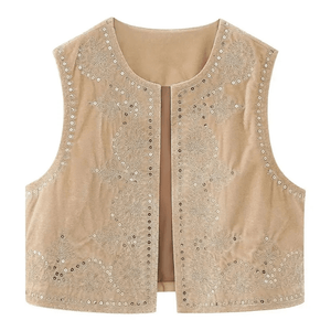 Bohemisk Festväst i Sammet med Glittrande Detaljer Beige / S