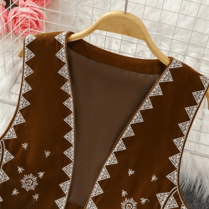 Brun Väst med Etniskt Broderi och Fransdetaljer