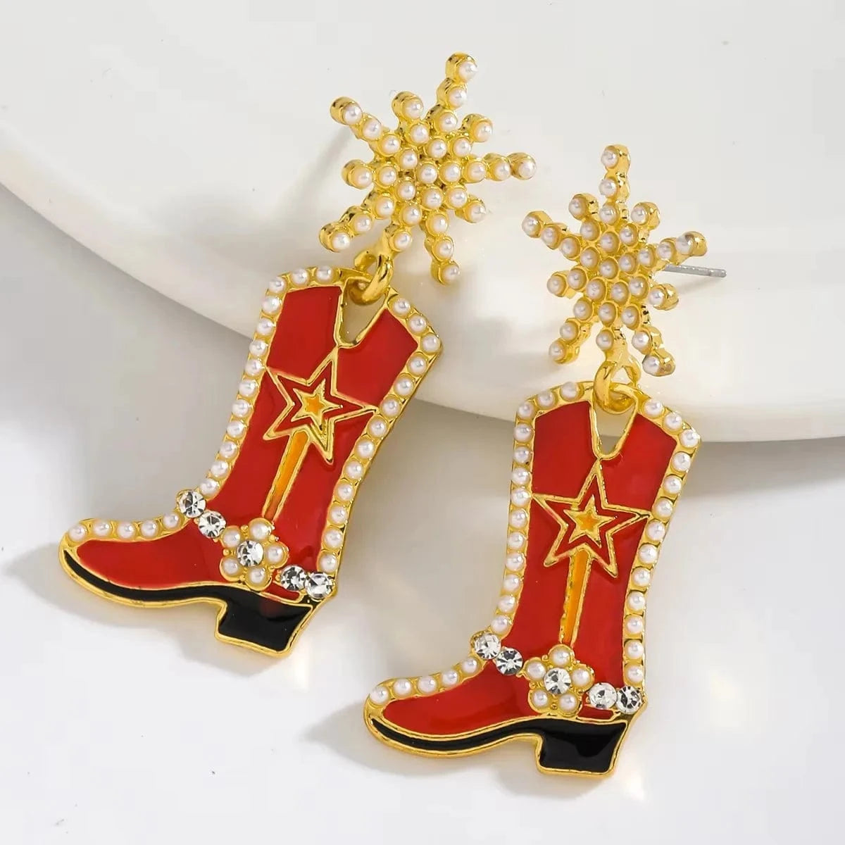 Cowboyboots-örhängen med pärlor och snöflinga Röd