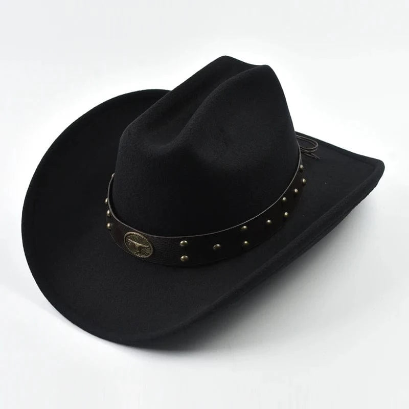 Cowboyhatt i mjuk filt med läderband och nitar Svart / Kan justeras