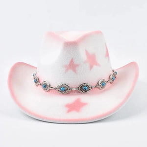 Cowgirlhatt i filt med rosa stjärnor Vit och rosa / Kan justeras