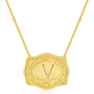 Embossed Belt Buckle Pendant Necklace for Men Punk Jewelry Gold Color A-Z Initial Letter Necklaces Women Western Jewelry Gift V / Silver / CHINA