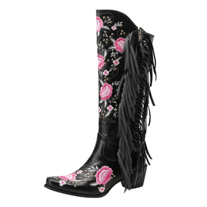 Höga Cowboyboots med Blomsterbroderi och Fransar Svart / 35