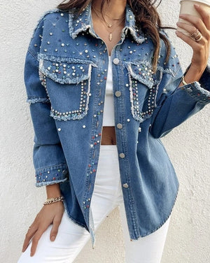 Jeansjacka dam med pärlor och strass