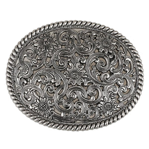 Ovalt bältespänne i vintage-silver med blommigt gravyrmönster Silver