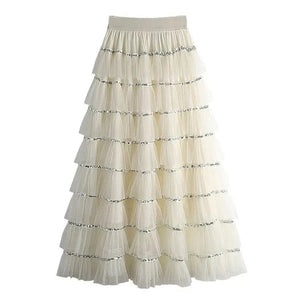 Paljettkjol med tyllvolanger Vit / S