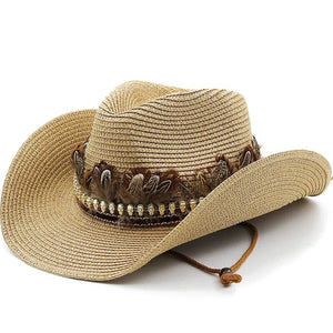 Stråcowboyhatt med fjäderdekor Khaki / 56-58cm