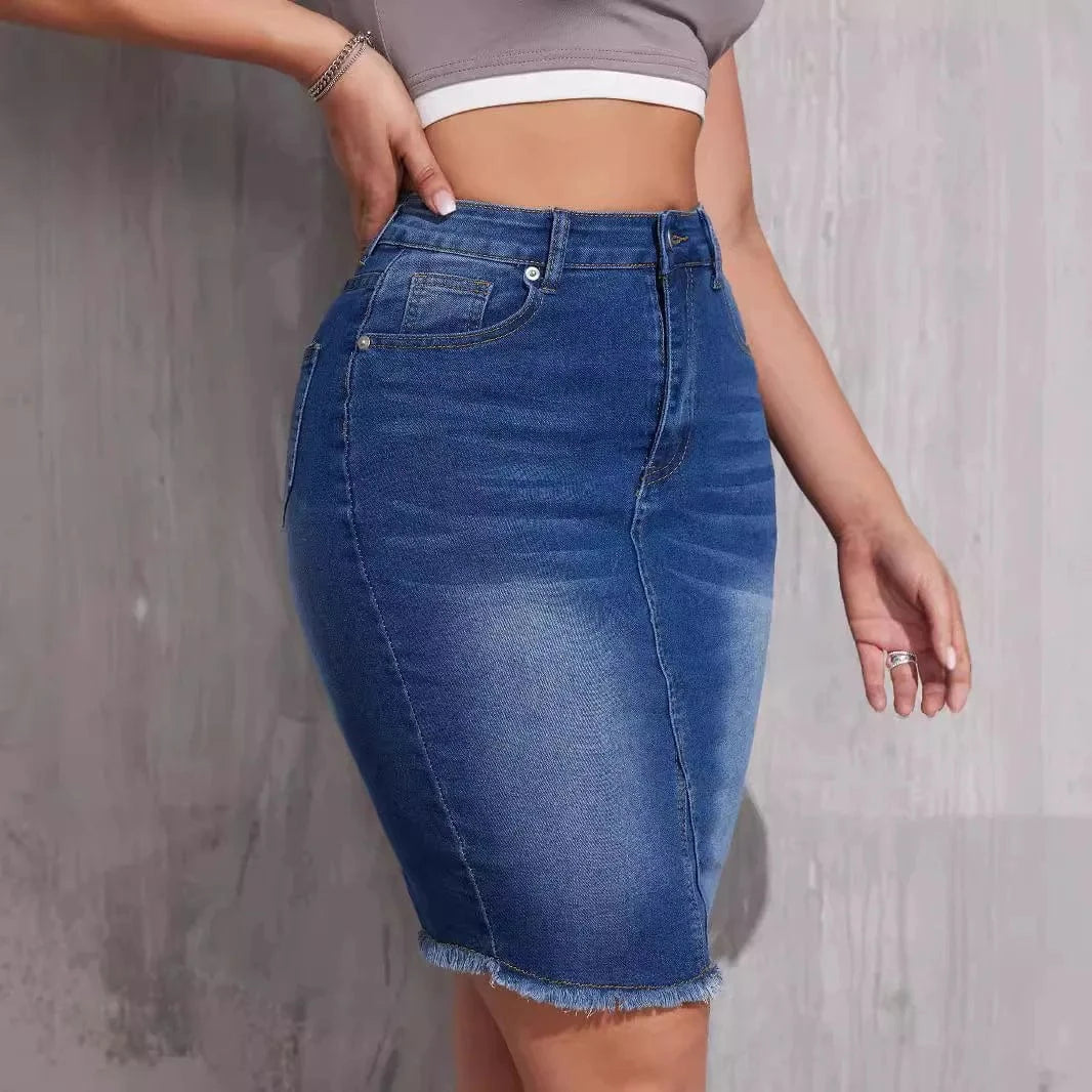 Tajt jeanskjol med hög midja Mörkblå / S