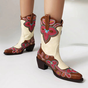 Tvåfärgade Höga Cowboyboots med Blommigt Broderi för Dam
