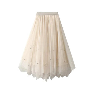 Tyllkjol med pärlbroderi och asymmetrisk fåll Beige / One Size