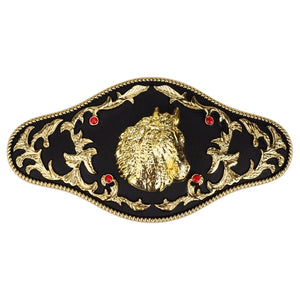 Western Bältesspänne "Böjande Cowboy" med Röda Strass och Guldgravyr Häst