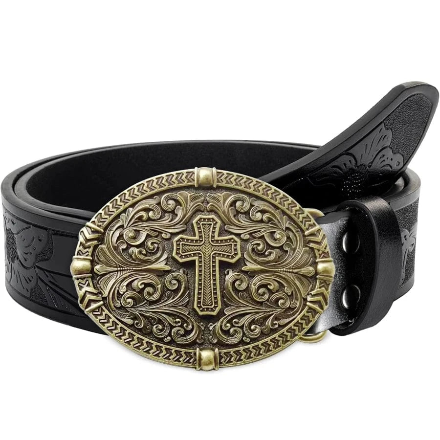 Westernbälte i präglat läder med retrokors och oval spännesdesign Svart 1 / 110cm