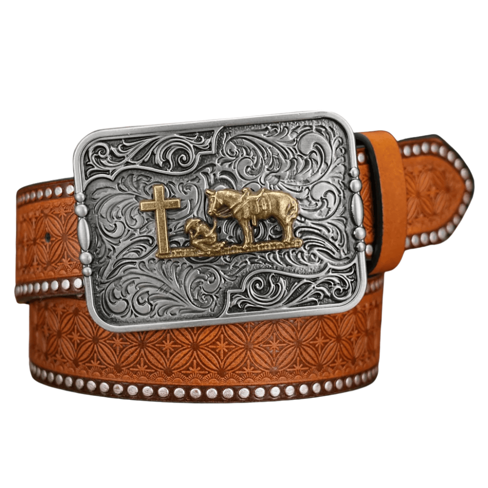 Westernbälte med silverfärgat cowboy prayer Brun / 120cm