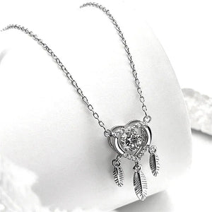 925 Sterling Silver Heart Chain Women Girls Feather Tassel Rhinestone Clavicle Choker Necklace Wedding Birthday Jewelry Gifts A
