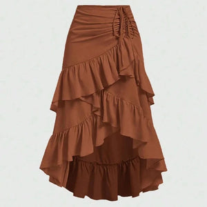 Asymmetrisk långkjol med volanger och drapering Brun / S
