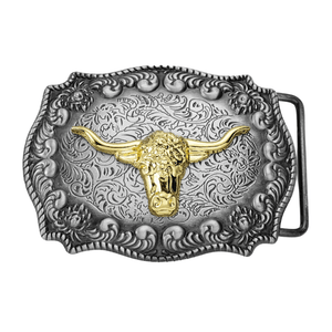 Bältespänne med guldfärgade westernmotiv Oxhuvud