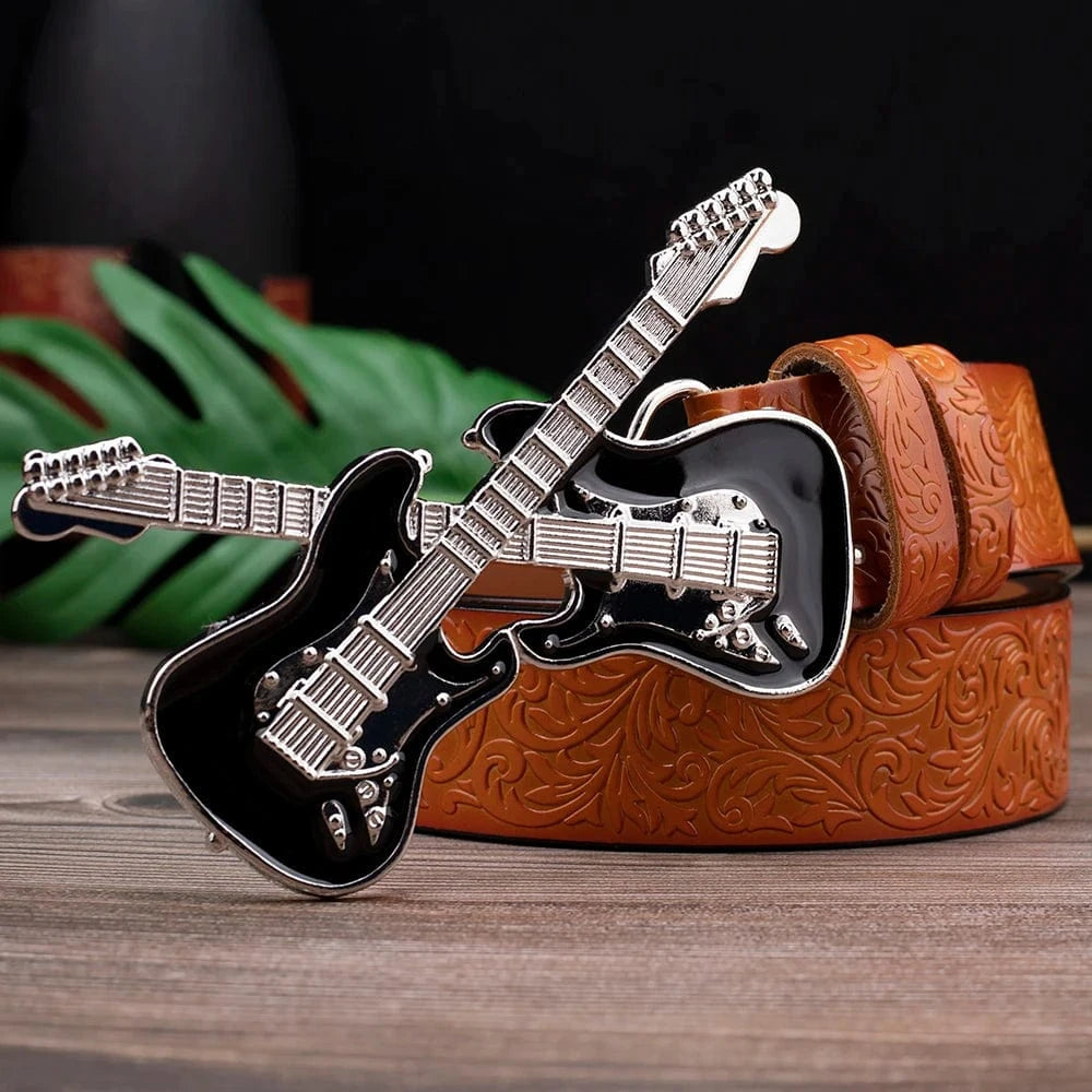 Bältesspänne Elektrische Gitarren Design mit schwarzem Emaille Silver/svart