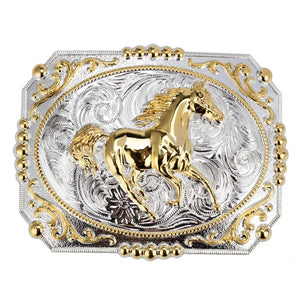 Bältesspänne western stil med detaljer i guld och silver eleganta motiv Häst