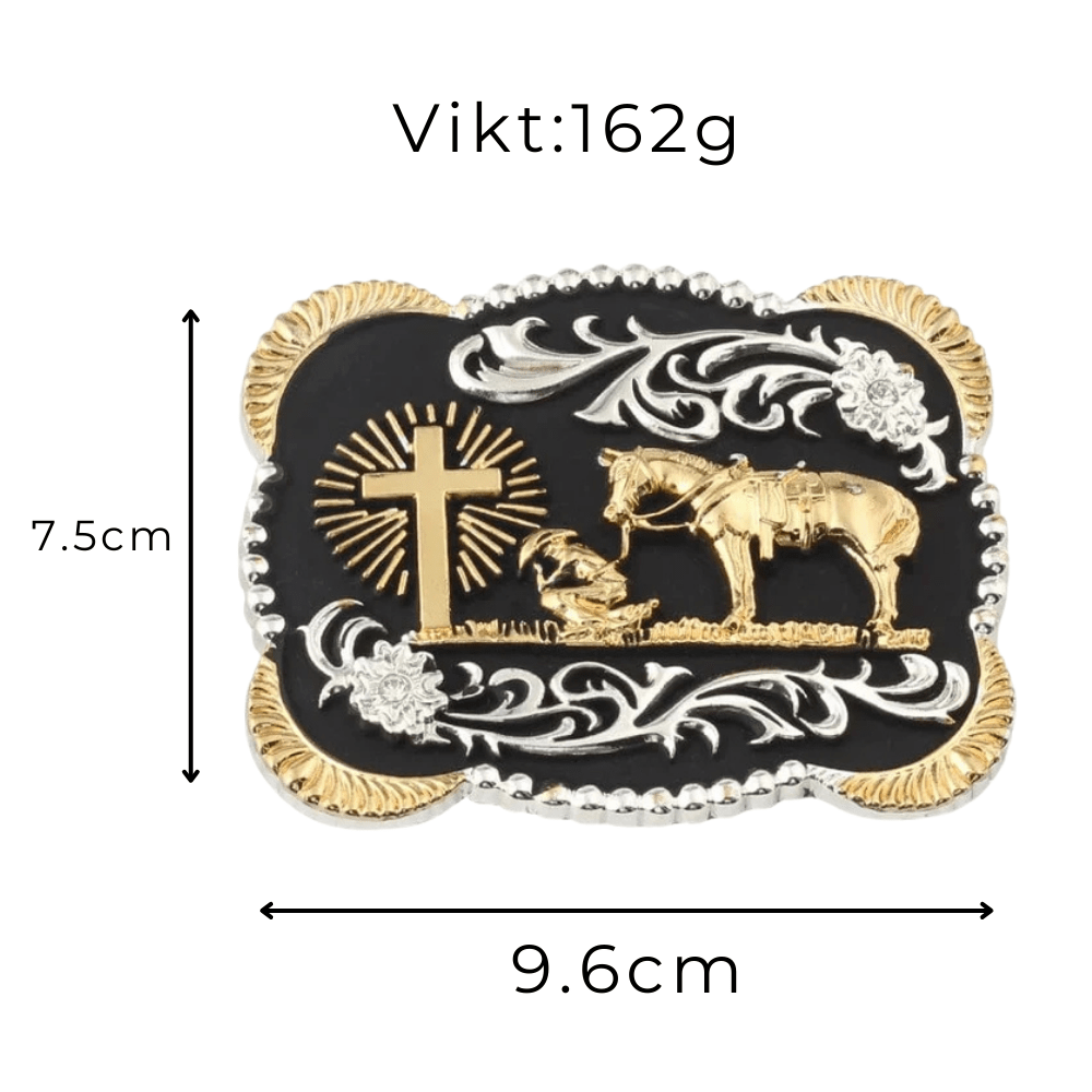 Bältesspänne western stil med häst kors och skalle i guld och silver