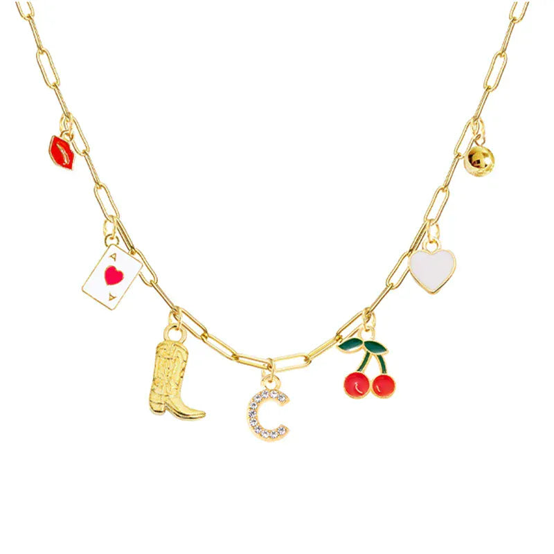 Boho Red Lips Cherry Heart Letter Charm Necklace Gold Plated Boots Crystal Initials Necklaces Cowgirl Beach Jewelry C