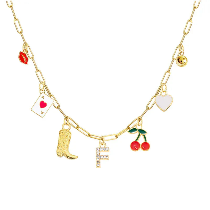 Boho Red Lips Cherry Heart Letter Charm Necklace Gold Plated Boots Crystal Initials Necklaces Cowgirl Beach Jewelry F