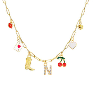 Boho Red Lips Cherry Heart Letter Charm Necklace Gold Plated Boots Crystal Initials Necklaces Cowgirl Beach Jewelry N