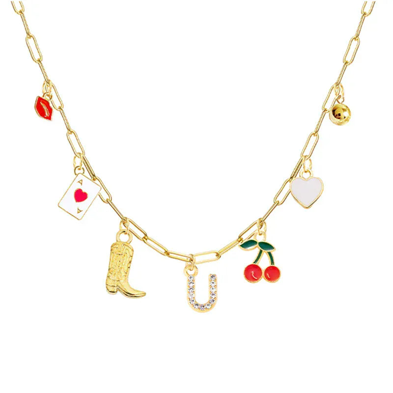 Boho Red Lips Cherry Heart Letter Charm Necklace Gold Plated Boots Crystal Initials Necklaces Cowgirl Beach Jewelry U