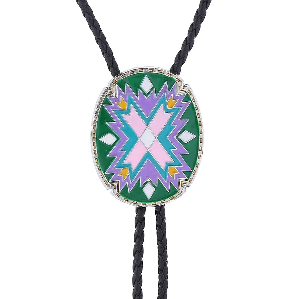 Bolo tie i justerbart läder med färgstarkt totemmönster Grön