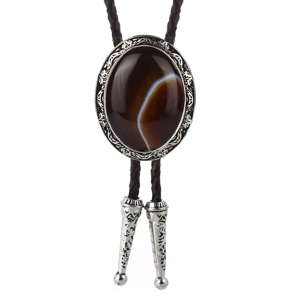 Bolo tie i läder med naturlig sten och rund medaljong Mörkbrun agate
