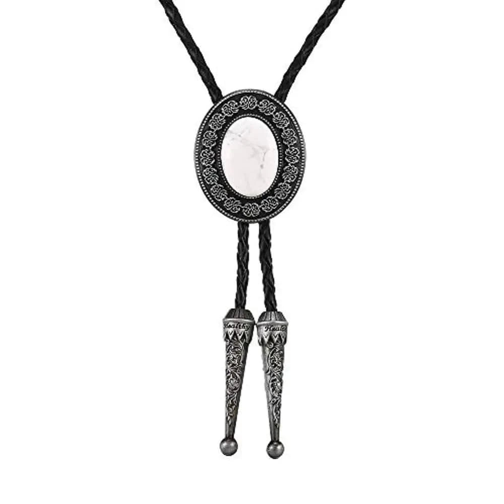 Bolo tie i läder med natursten Vit