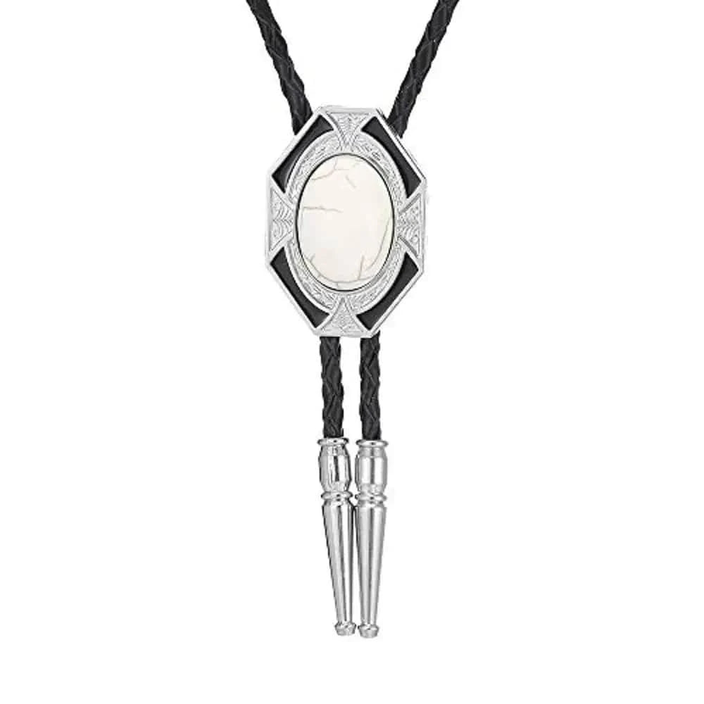 Bolo tie i läder med sexkantig ram och färgad sten Vit