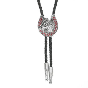 Bolo tie med hästhuvud och glittrande hästsko Röd