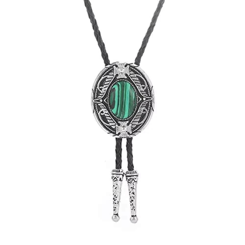 Bolo tie med oval sten och vågformad ram Armégrön