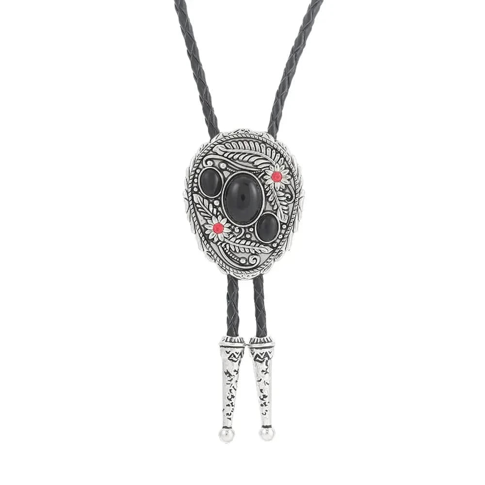 Bolo tie med snidade detaljer och naturlig sten Svart