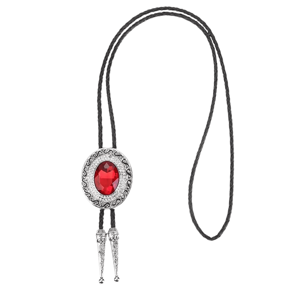 Bolo tie rund med blå rhinestone och flätad läderrem