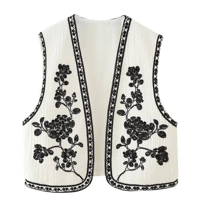 Broderad Dam Väst med Blommönster Svartvit Vintage Crop Beige / XS
