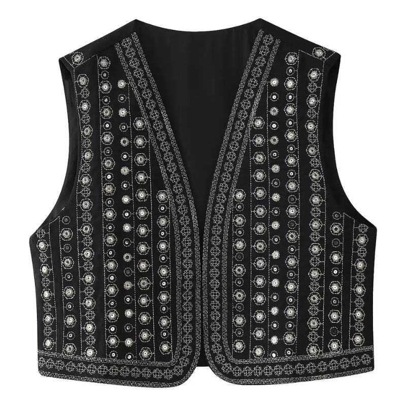 Broderad Väst Dam med Paljetter Svart / XS