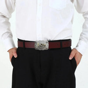 Cowboy Bältesspänne Böjande Man Kors Silver