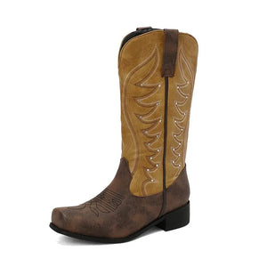 Tvåfärgade Höga Cowboyboots med Fyrkantig Tå för Dam Kamel / 35