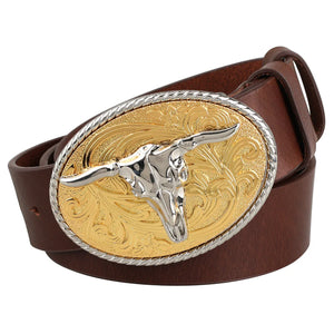 Cowboybälte äkta läder med guld silverspänne Brun / 95cm