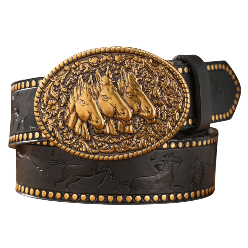 Cowboybälte hästhuvudspänne Svart Guld / 120cm