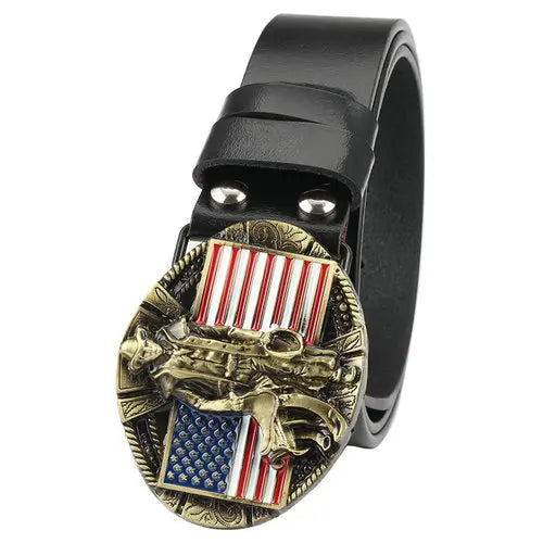 Cowboybälte i äkta läder med flaggaspänne B Svart / 105cm