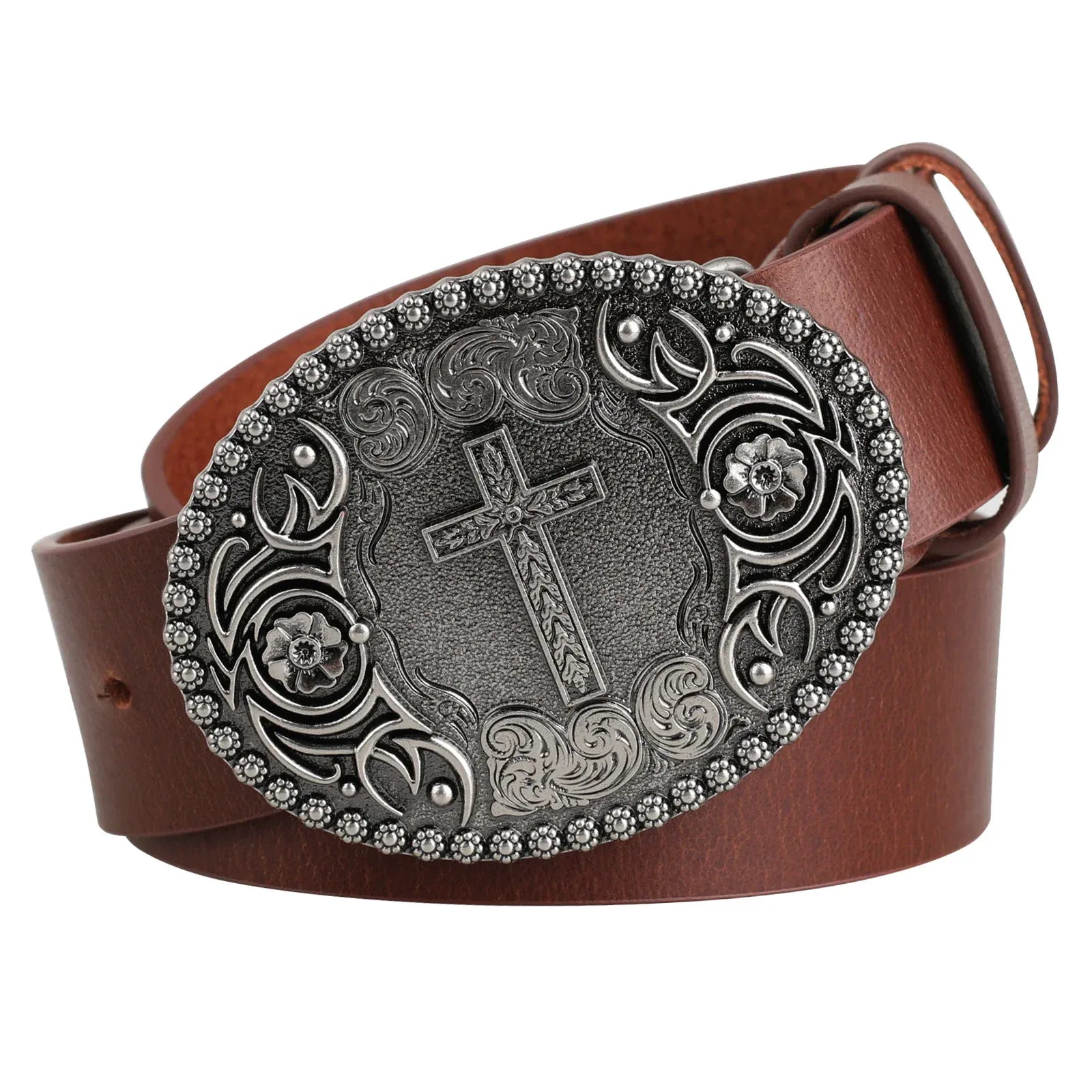 Cowboybälte i äkta läder med korsspänne Brun D / 95cm