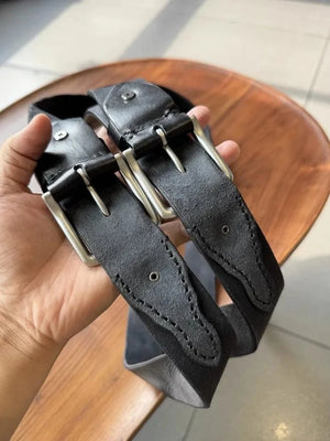 Cowboybälte i Svart Äkta Läder med Silverdetaljer