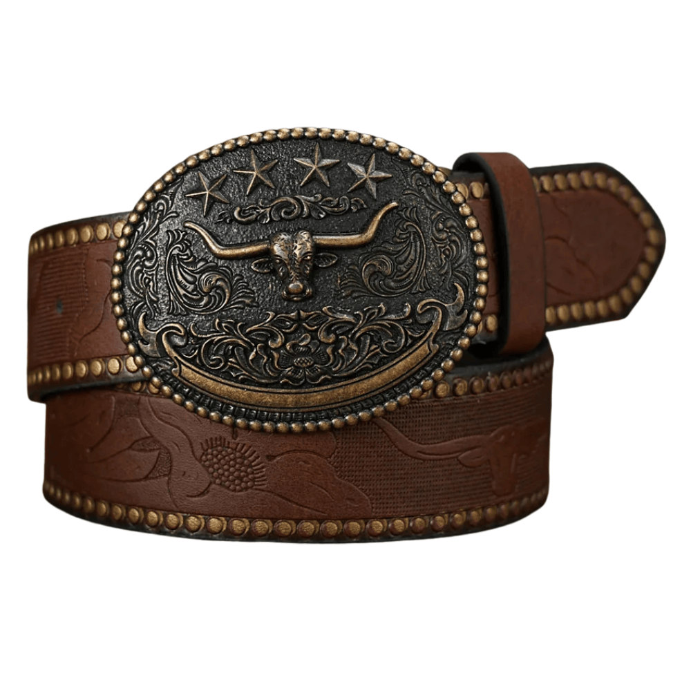 Cowboybälte med antikt longhornspänne Mörkbrun / 120cm